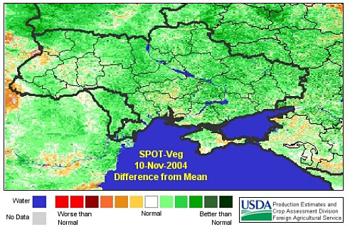 SPOT-Veg satellite imagery indicates that early-November crop conditions were worse than normal this year throughout southern and eastern Ukraine.  Last year, by contrast, imagery indicated better-than-average conditions throughout the country.