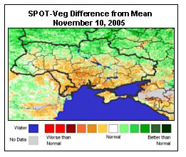 SPOT-Veg infrared satellite imagery indicates that crop conditions in southern and eastern Ukraine -- the country's prime winter wheat region -- were noticeably worse than average as of November 10, 2005.