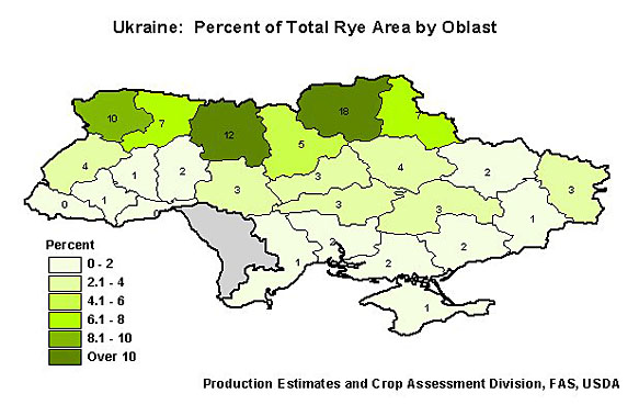 Percent of Total Rye Area by Oblast.