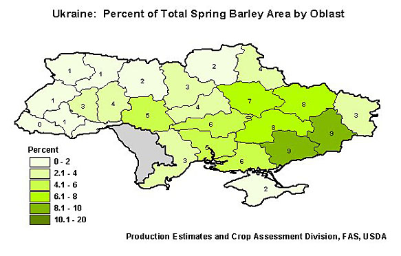 Ukraine: Percent of Total Spring Barley Area by Oblast.