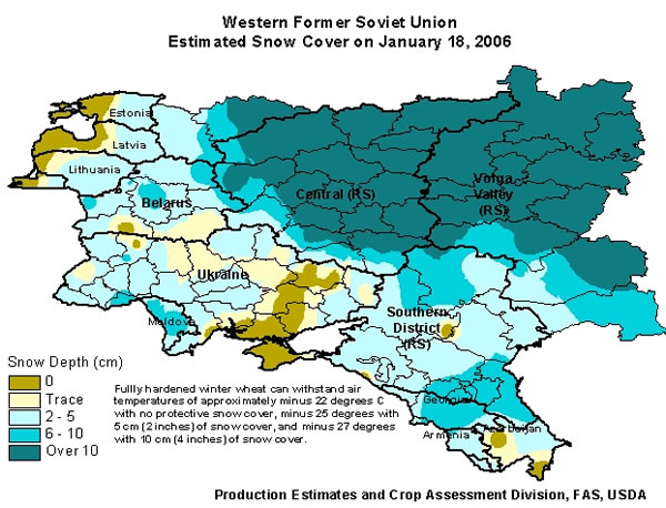 On January 18, estimated snow cover was less than 5 centimeters in most areas of Ukraine.  Territories in astern and southern Ukraine had only a trace of snow, and some were totally devoid of snow cover. 