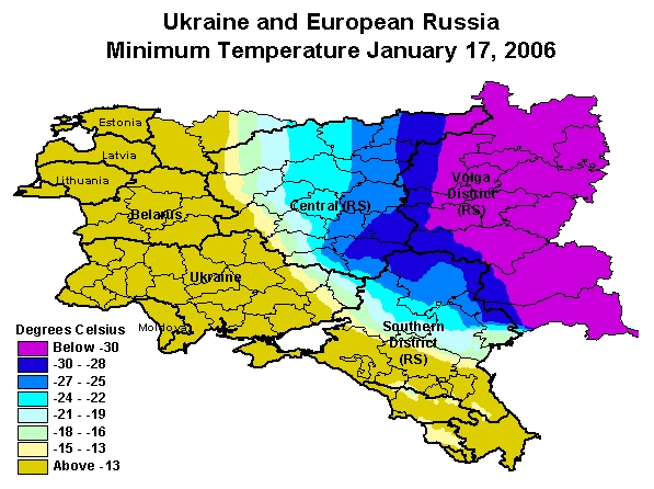 Minimum temperatures in Ukraine on January 17 dropped as low as minus 24 degrees Celsius in eastern Ukraine, but temperatures in most areas remained above minus 13 degrees.