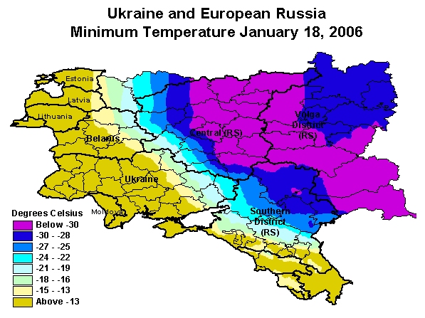 Cold weather pushed westward on January 18, with minimum temperatures below minus 13 degrees Celsius in the eastern third of Ukraine.  Temperatures elsewhere in Ukraine remained above minus 13 degrees.
