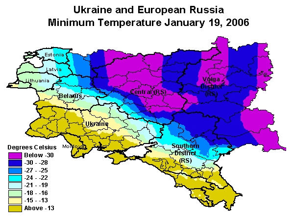 By January 19, minimum temperatures dropped below minus 13 degrees Celsius in central Ukraine, and below minus 20 degrees in eastern Ukraine.  Minimum temperatures in the west and south remained above minus 13 degrees.