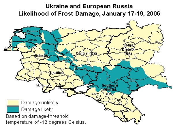 Assuming a damage-threshold temperature of minus 12 degrees Celsius, which would reflect significantly reduced cold tolerance for winter wheat, weather data indicate that only three territories in eastern Ukraine (Kharkiv, Luhansk, and Donetsk) were subject to potential frost damage.