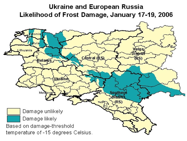 Assuming a damage-threshold temperature of minus 15 degrees Celsius, weather data indicate that only two territories in extreme eastern Ukraine (Kharkiv and Luhansk) experienced potentially damaging conditions due to low temperatures and inadequate snow cover.