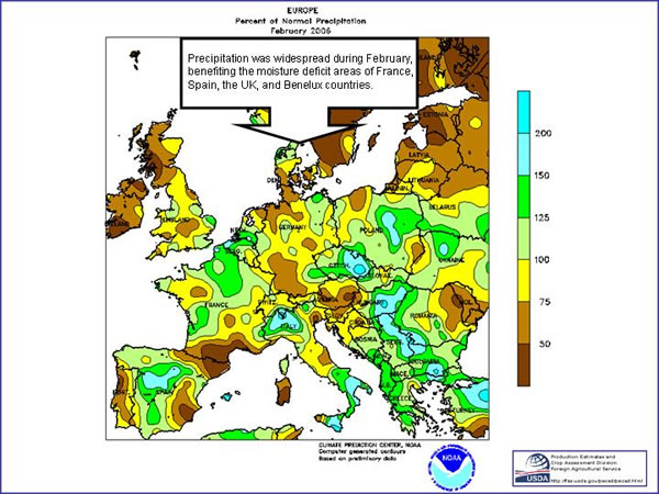 Precipitation was widespread during February, benefiting the moisture deficit areas of France, Spain, the UK, and Benelux countries.