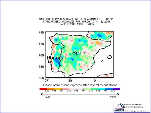 Surface wetness has improved in much of Spain after several recent storms