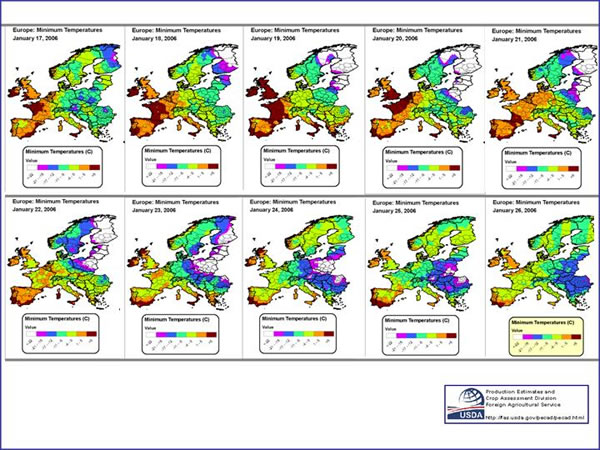Maps showing minimum temperatures during the January cold air intrusion (coldest air of the season).