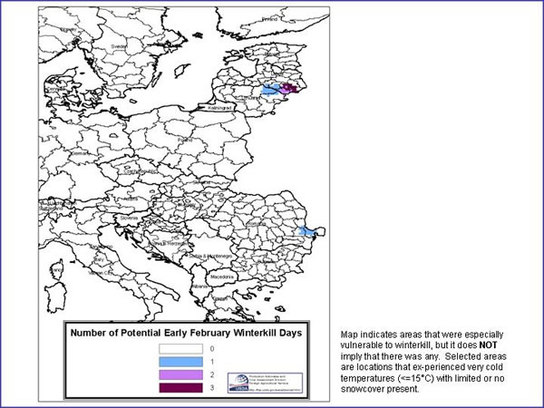 February conditions map indicates areas that were especially vulnerable to frost damage (areas are located in southeastern Romania and eastern Baltics)