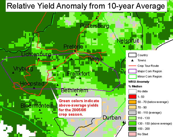 Relative Yield Model for South Africa (WRSI) indicates above-average yields for the 2005/06 crop season.