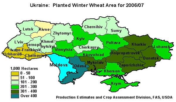 Roughly two-thirds of Ukraine's wheat is grown in the southern and eastern regions of the country.  This region also produces most of Ukraine's barley, corn, and sunflowerseed. 
