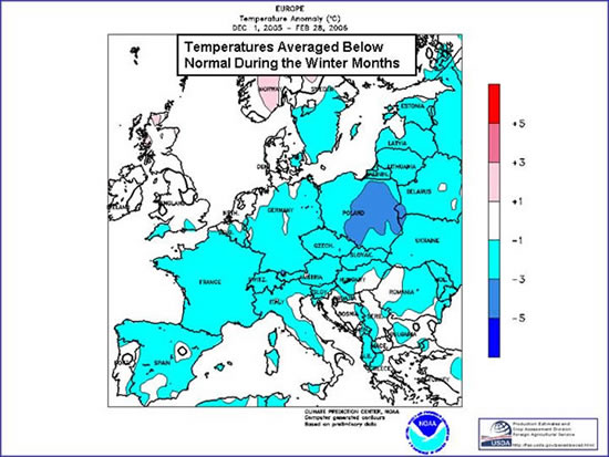 Map showing temperatures averaging  below normal during the winter months