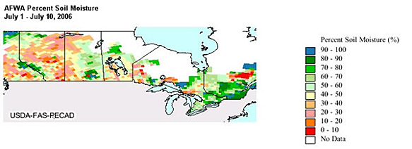 AFWA percent soil moisture shows dryness in southern Manitoba.