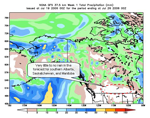 NOAA precipitation forecast from July 19 - July 26 shows very little rain in southern Canadian prairie provinces.