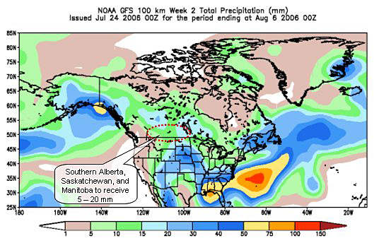 NOAA precipitation forecast shows 5 to 20 mm to fall across the Canadian Prairie provinces.