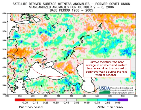 Surface moisture was near average in southern and eastern Ukraine and drier than normal in southern Russia during the first week of October.