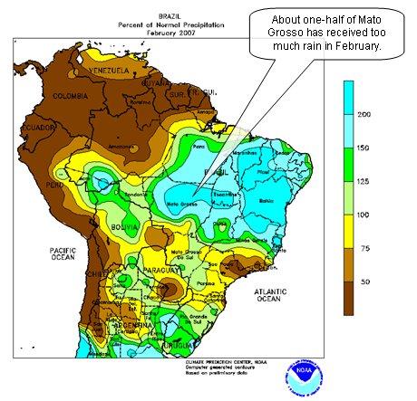 Map showing wetness in Mato Grosso in February.