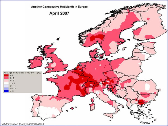 April 2007 was another consecutive month with above average temperatures recorded across Europe.