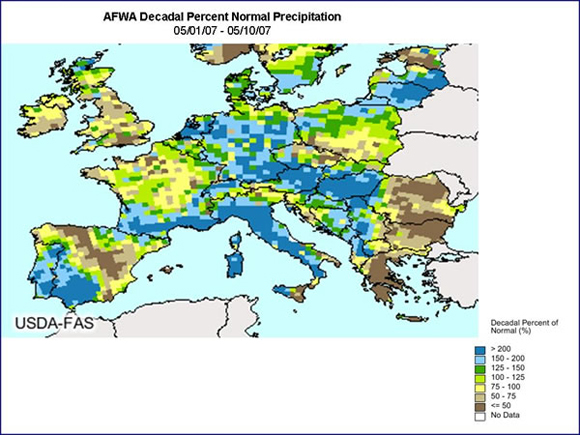 Precipitation during the first week of May was widespread in Europe