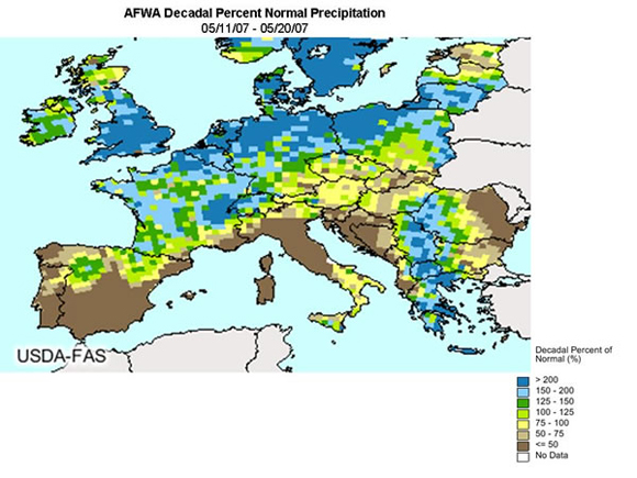AFWA Decadal Percent Normal Precipitation; Precipitation was significant across northern Europe for the second straight Dekad.