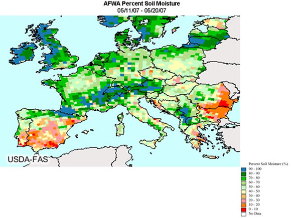 Soil moisture returned to higher levels across Northern Europe after several weeks of rain, however, Romania and Bulgaria remain extremely dry.