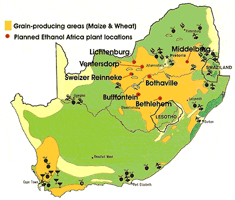 Map (from Ethanol Africa) Showing Ethanol Plant Locations.