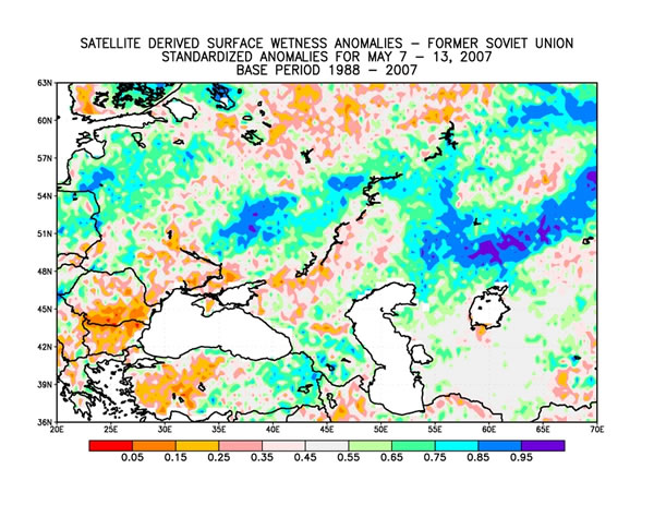 Microwave satellite imagery indicates that recent precipitation has replenished surface moisture in most areas of Ukraine.  Conditions remain drier than normal in south-central Ukraine.
