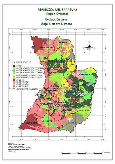 Map of eastern Paraguay where some areas are suitable for soybean production and some are not suitable.