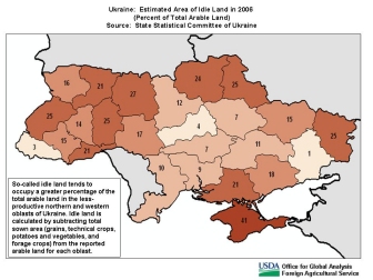 Idle land tends to occupy a greater percentage of the total arable land in the less-productive northern and western oblasts of Ukraine. 