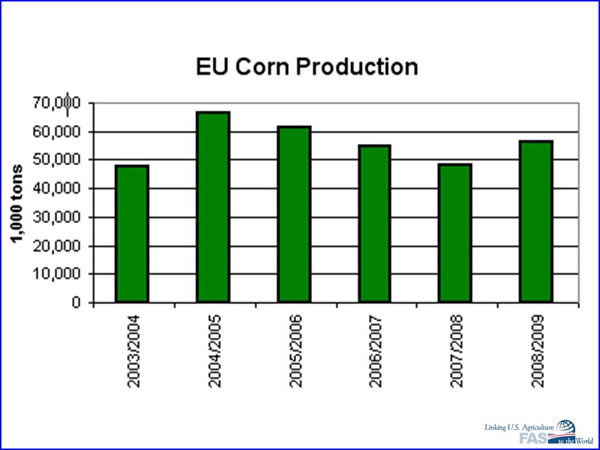 Total EU corn production graph by year showing expected increase in 2008/09