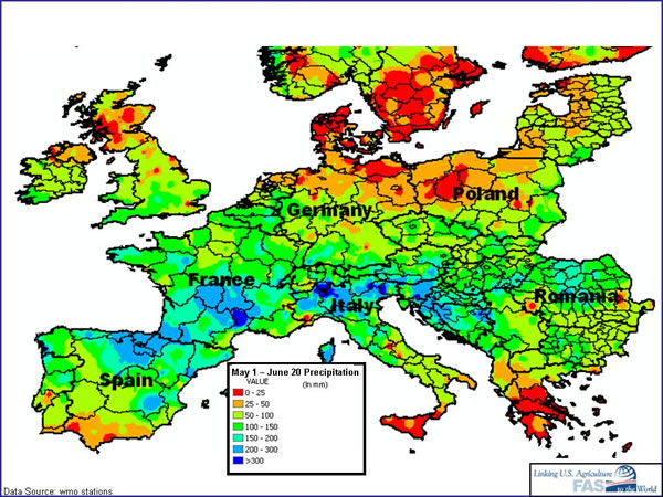Map showing drought conditions during Spring in Poland and Germany