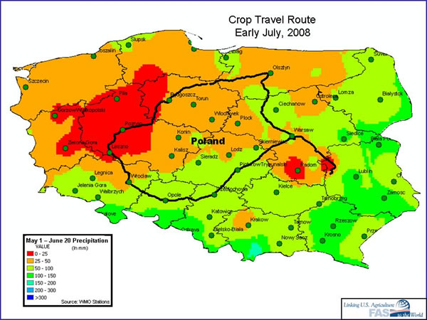 Map showing crop travel through Poland during early July