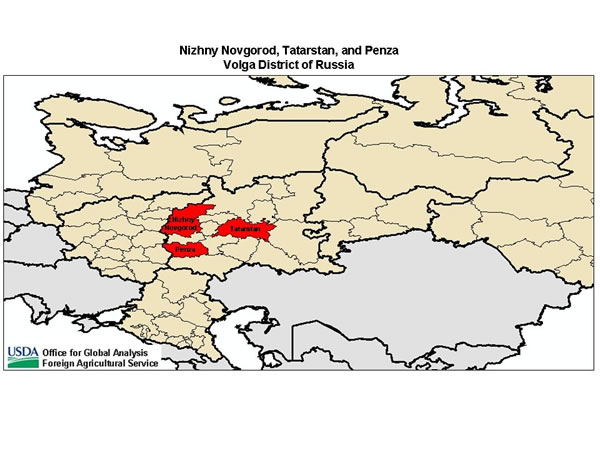 Nizhny Novgorod, Penza, and Tatarstan all lie within the Volga District of Russia.