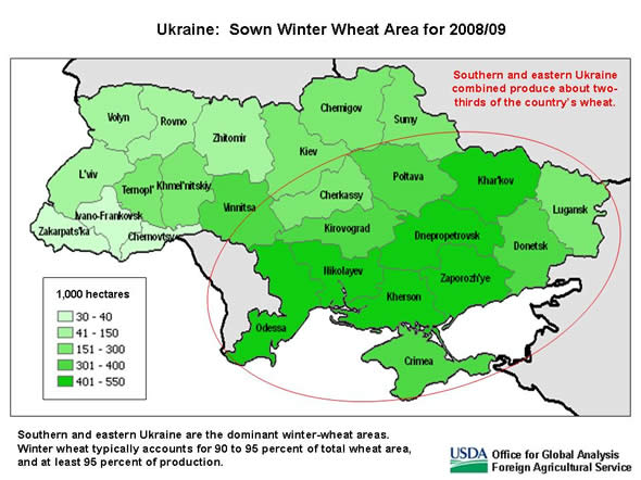 Southern and eastern Ukraine comprise the main winter wheat production region and together account for about two-thirds of the country’s wheat output