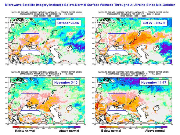 Data derived from microwave satellite imagery indicate that surface wetness has been consistently below normal throughout Ukraine for the past four weeks. 