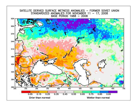 Surface wetness indices derived from microwave satellite imagery indcate that surface moisture during the week of November 11 through 17 was lower than normal throughout Ukraine.  Conditions were driest in south-central and southeastern Ukraine.