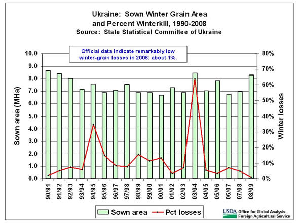 Winterkill typically ranges from 2 to 15 percent of sown area.  Winterkill reached 35 percent in 1994, due to extremely low temperatures, and 65 percent in 2003, due to extensive ice crusting.  Official data indicate remarkably low winter-grain losses in 2008: about 1%.