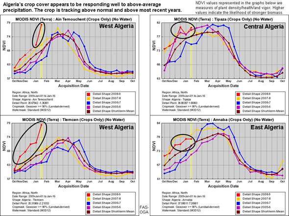 Algeria’s crop cover appears to be responding well to above-average precipitation. The crop is tracking above normal and above most recent years.