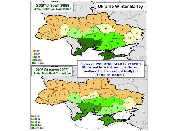 Nearly all of Ukraine's winter barley is grown in the south.  Although sown area increased by nearly 50 percent from last year, the share in south-central Ukraine is virtually the same (87 percent).