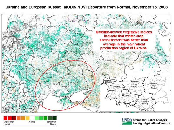 Satellite-derived vegetative indices indicate that winter-crop establishment was better than average in the main wheat production region of Ukraine.