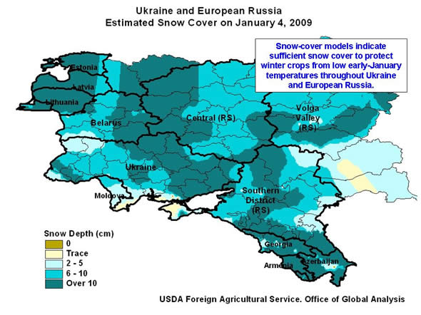 Snow-cover models indicate sufficient snow cover to protect winter crops from low early-January temperatures throughout Ukraine and European Russia.