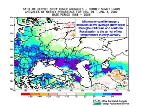 Microwave satellite imagery indicates above-average snow depth throughout Ukraine and southern Russia prior to the arrival of low temperatures in early January.