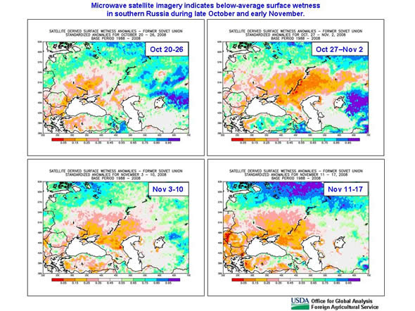 Microwave satellite imagery indicated below-average surface wetness for four consecutive weeks in southern Russia during late October and early November.