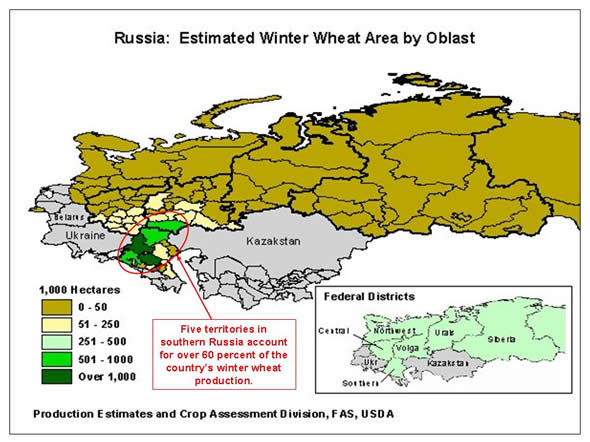 Five territories in southern Russia account for over 60 percent of the country’s winter wheat production.