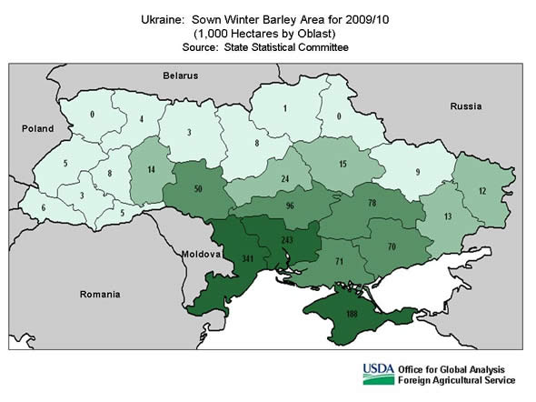 Winter barley is less frost-resistant than wheat or rye and is grown chiefly in southern Ukraine.