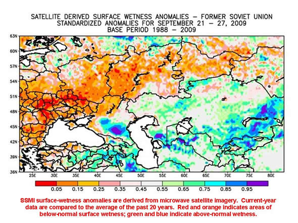 Microwave satellite imagery indicates that surface wetness was significantly below normal throughout Ukraine during the last week of September.