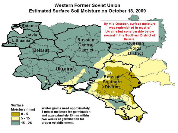 By mid-October, surface moisture was replenished in most of Ukraine but considerably below normal in the Southern District of Russia. 