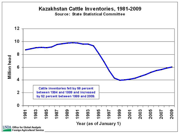 Cattle inventories fell by 58 percent between 1994 and 1999 and increased by 52 percent between 1999 and 2009.