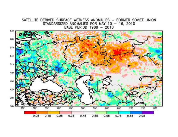 Microwave satellite imagery (SSMI) indicates above-normal surface moisture in almost all regions of Ukraine as of May 16.  Crops benefited from timely mid-May rainfall.